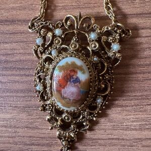 Vintage-Style Gold Filigree Pendant Necklace with Painted Porcelain Cabochon